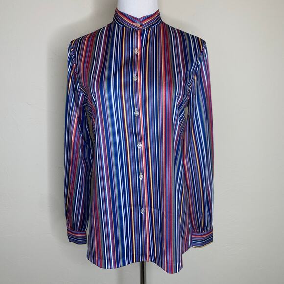 Vintage Mandarin Collar Striped Blouse Blue Pink Small - Picture 1 of 8